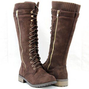 Women Fashion Knee High Lace Up Combat boots sweater opening faux Suede Brown